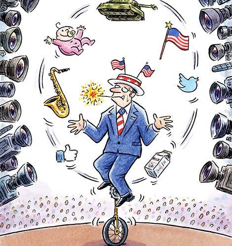 cartoon of politician juggling on a unicycle in front of an audience and cameras